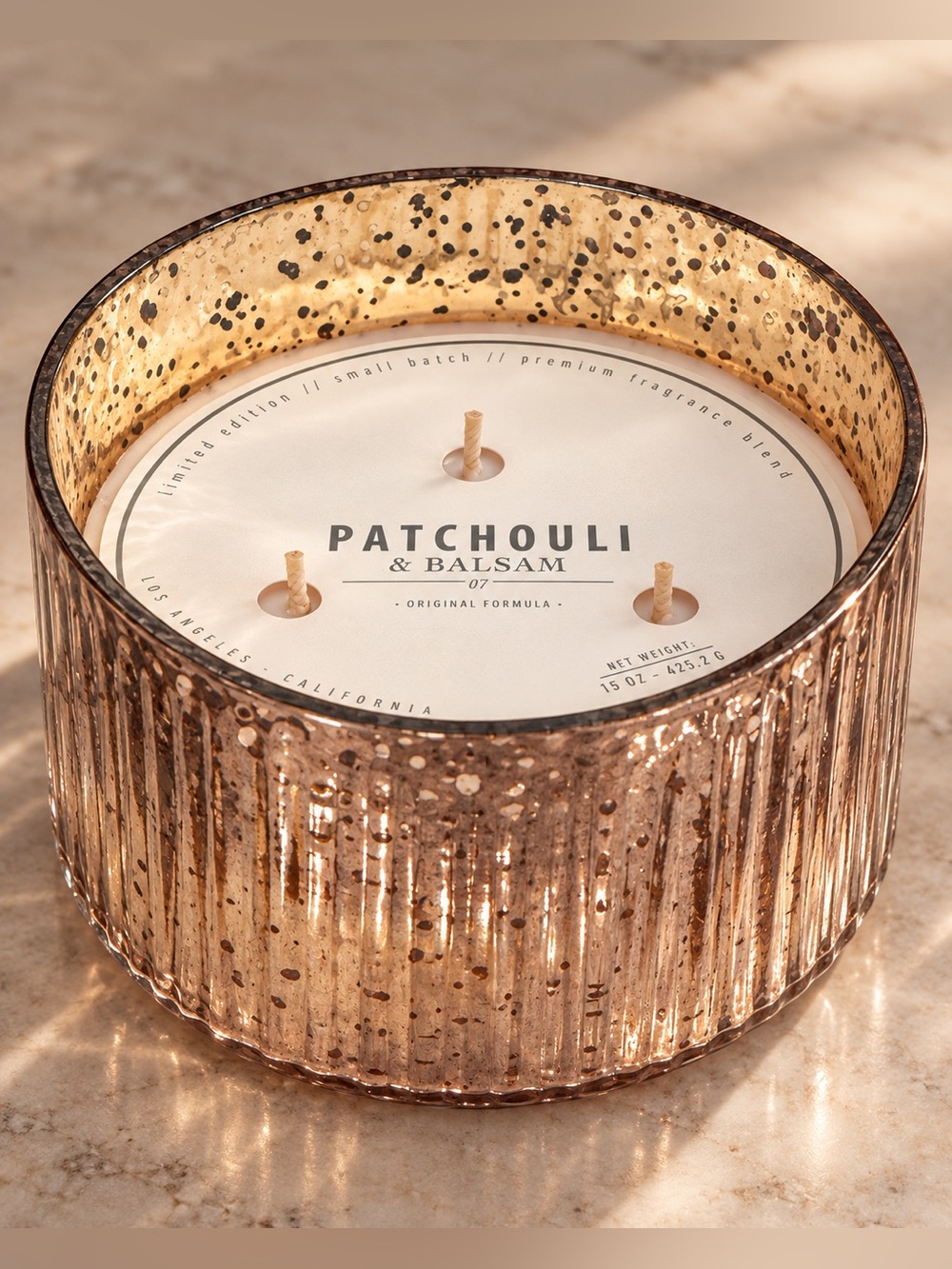 Patchouli & Balsam 3-Wick Decorative Candle - Gold Glass